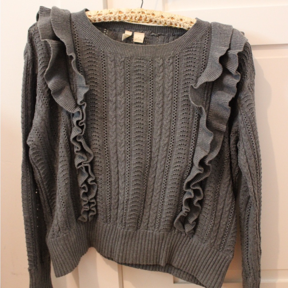 Moth Gray Cable Knit Crew Neck Sweater with Ruffles